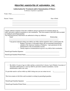 Authorization for Treatment and Immunization of Minors