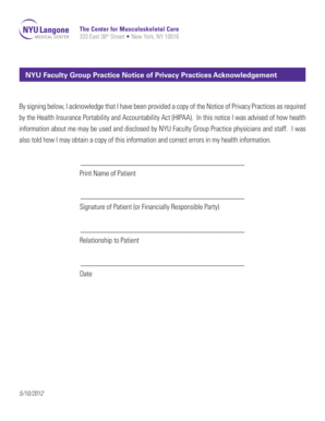 NYU HIPAA Privacy Practices Acknowledgement