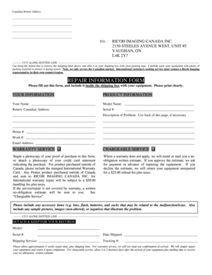 Ricoh Imaging Canada Repair Information Form