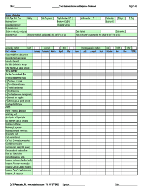 US Business Income and Expenses Worksheet