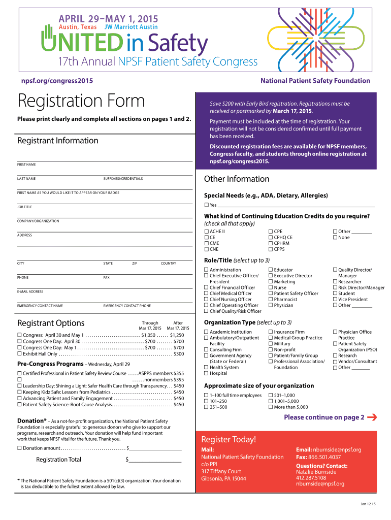 Fillable Online Registration Form National Patient Safety Foundation