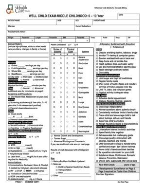 Well Child Exam Form for Middle Childhood