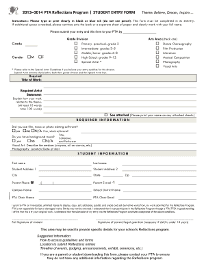 2013–2014 PTA Reflections Program Student Entry Form