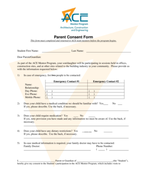 Parent Consent Form for ACE Mentor Program