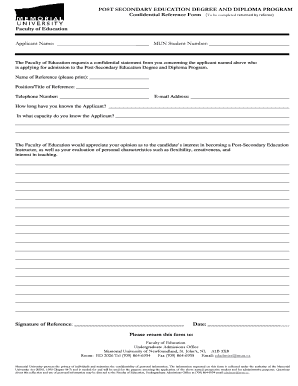 Confidential Reference Form for Post-Secondary Education Program