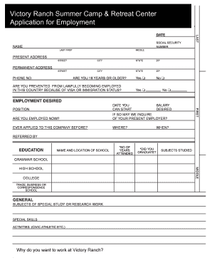 Victory Ranch Summer Camp Employment Application