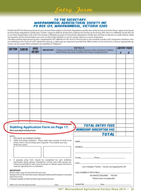 Warrnambool Agricultural Society Entry Form