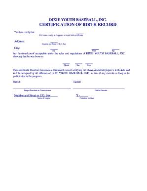 Dixie Youth Baseball Birth Record Certification