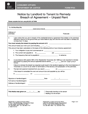 Notice by Landlord to Tenant to Remedy Breach of Agreement – Unpaid Rent