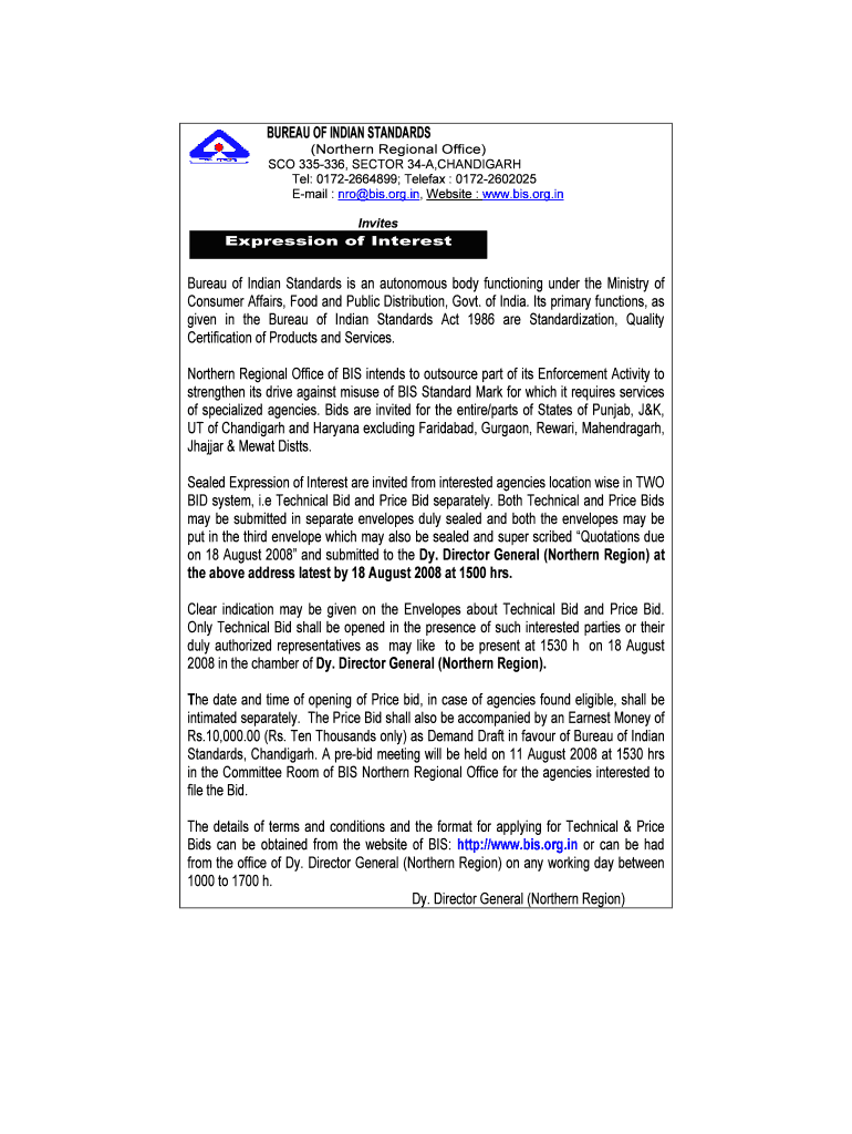 Fillable Online bis org BUREAU OF INDIAN STANDARDS Northern Regional