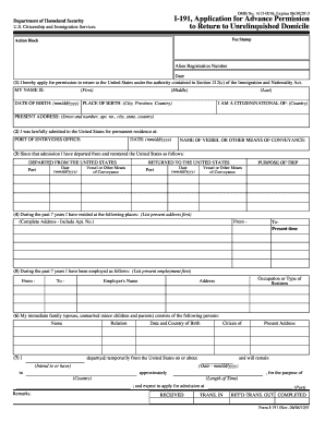 USCIS Form I-191 Application for Advance Permission to Return