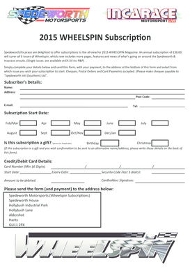2015 Wheelspin Magazine Subscription Form