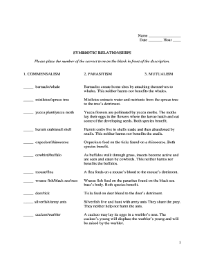 Symbiotic Relationships Worksheet