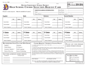 Denton Independent School District 10th Grade Course Selection Request Card