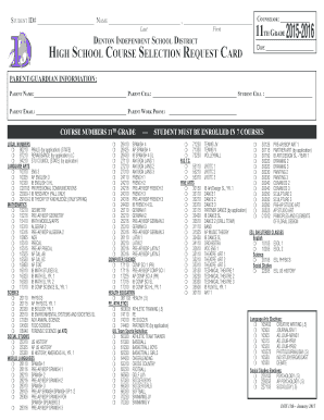 High School Course Selection Request Card