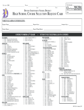 High School Course Selection Request Card