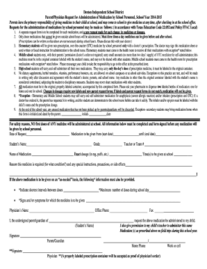 Parent/Physician Request for Administration of Medication by School Personnel