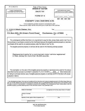 New Jersey Exempt Use Certificate