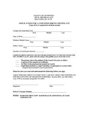 Michigan Birth Certificate Application