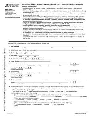 University of Arizona Undergraduate Non-Degree Admission Application