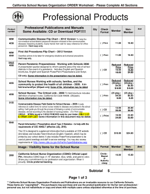 California School Nurses Organization Order Worksheet