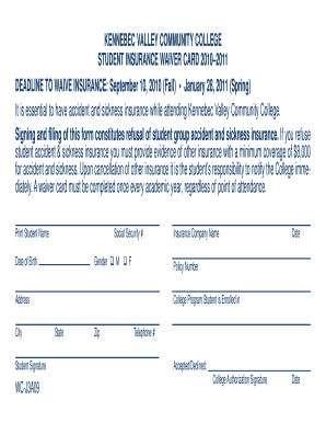 Kennebec Valley Community College Student Insurance Waiver Card