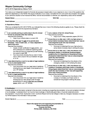 Wayne Community College 2014-2015 Dependency Status Form