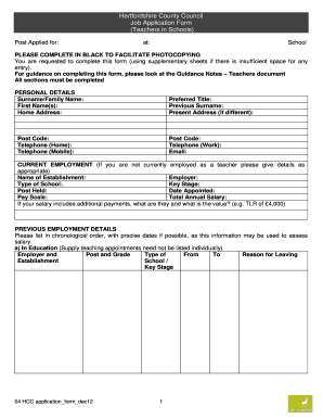 Hertfordshire County Council Teacher Job Application Form