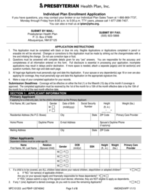 Presbyterian Health Plan Individual Enrollment Application