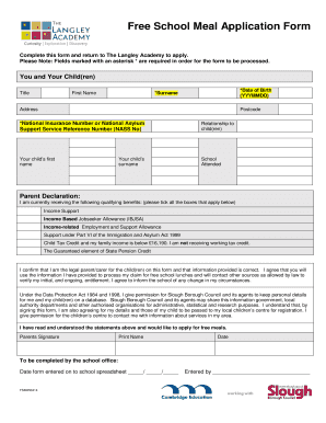 Free School Meal Application Form
