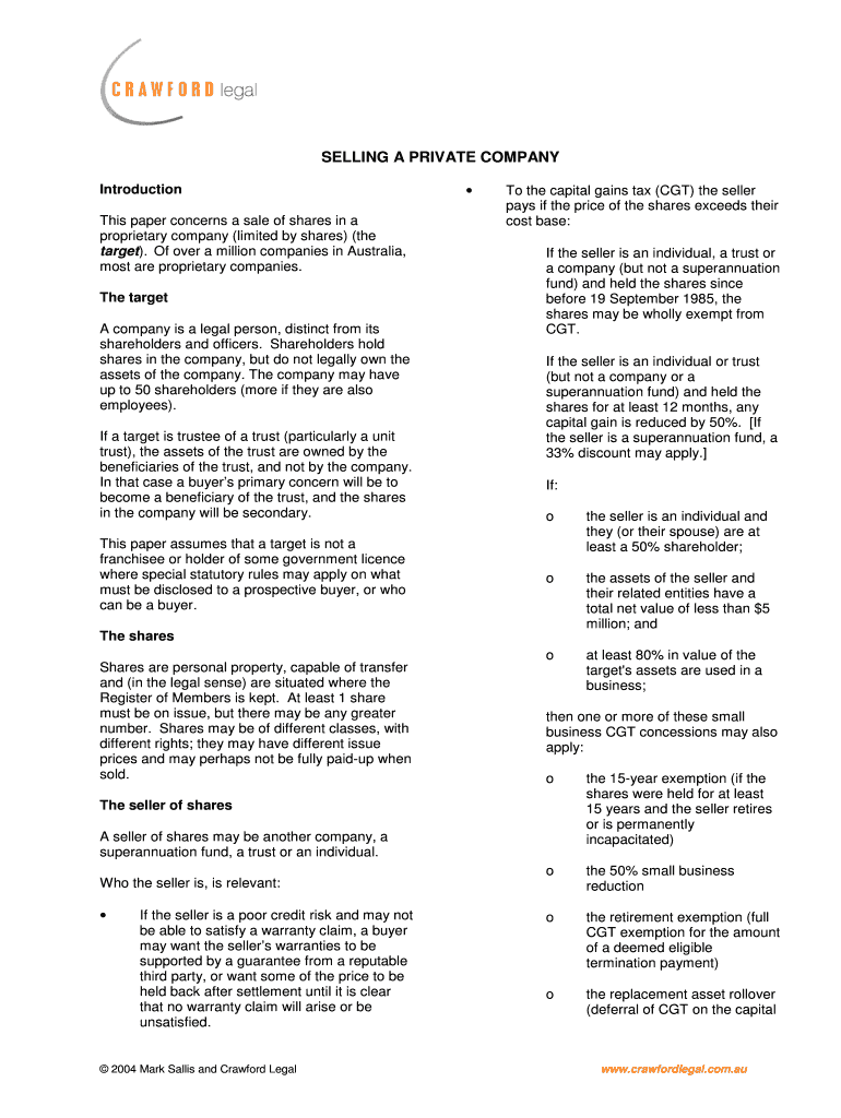 Fillable Online SELLING A PRIVATE COMPANY Fax Email Print PdfFiller