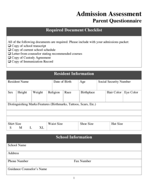 Admission Assessment Parent Questionnaire