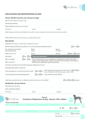 APPLICATION FOR REGISTRATION OF DOG - Town of Victoria Park