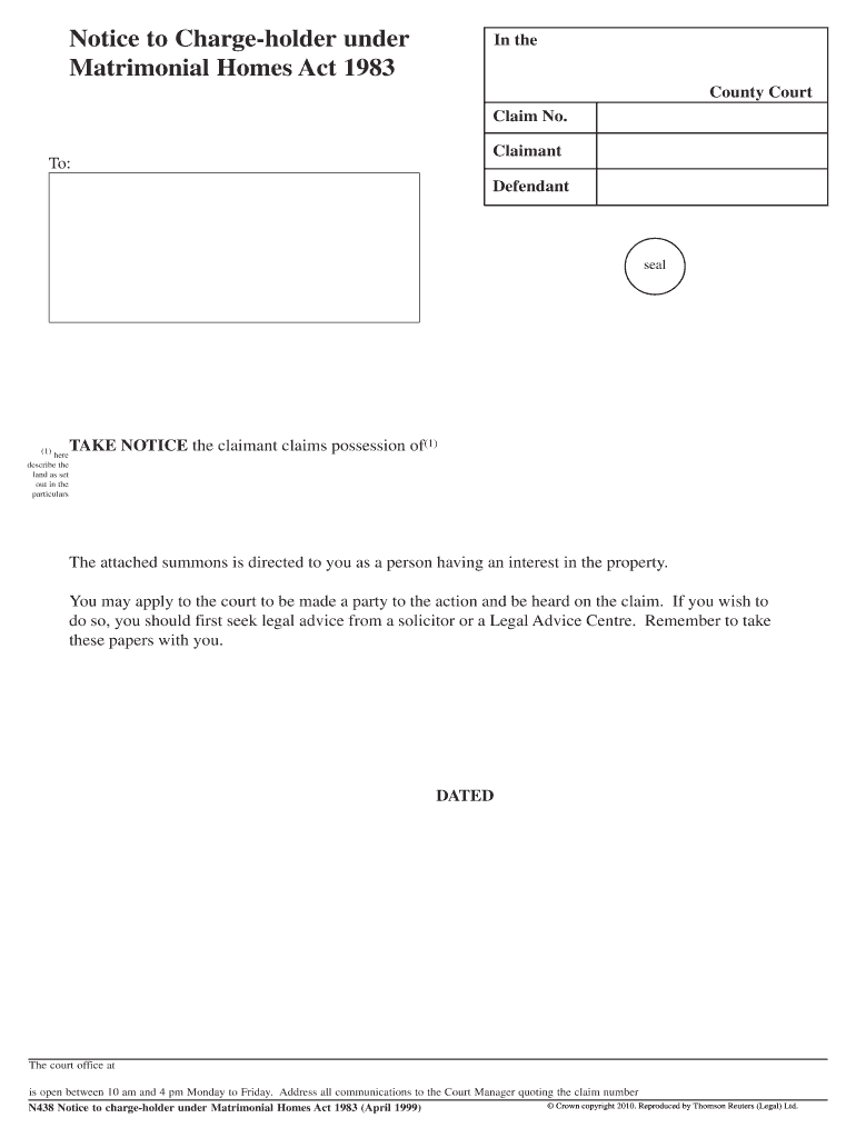 Fillable Online Notice to Chargeholder under In the Matrimonial Fax