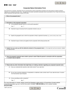 Corporate Name Information Form