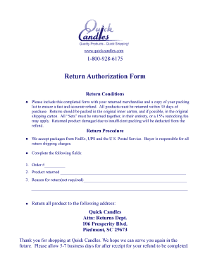 Quick Candles Return Authorization Form