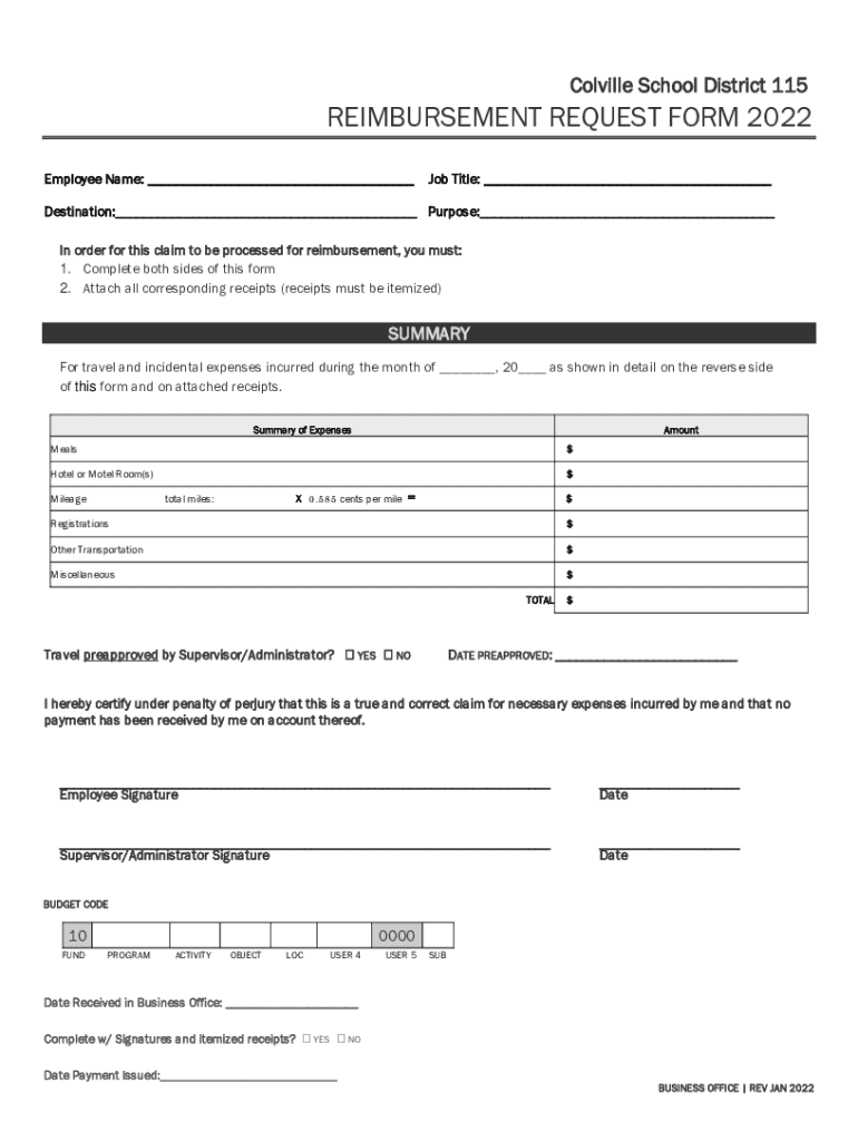 Fillable Online Colville School District 115 REIMBURSEMENT REQUEST FORM