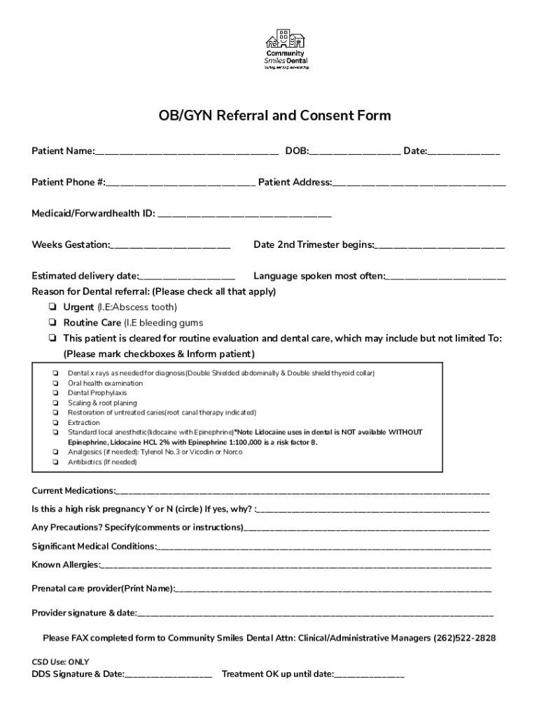 Fillable Online Community Dental Clinics - OB/GYN Referral/Consent ...