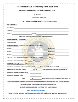 Snowmobile Club Membership Form 2021-2022 Mohawk Trail ...