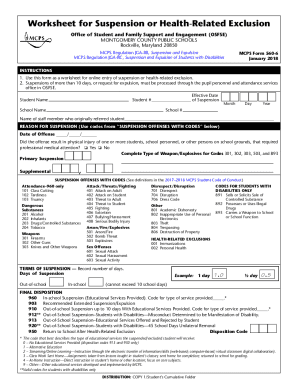 MCPS Form 560-6, February 2010. Worksheet for Suspension or Health-Related Exclusion