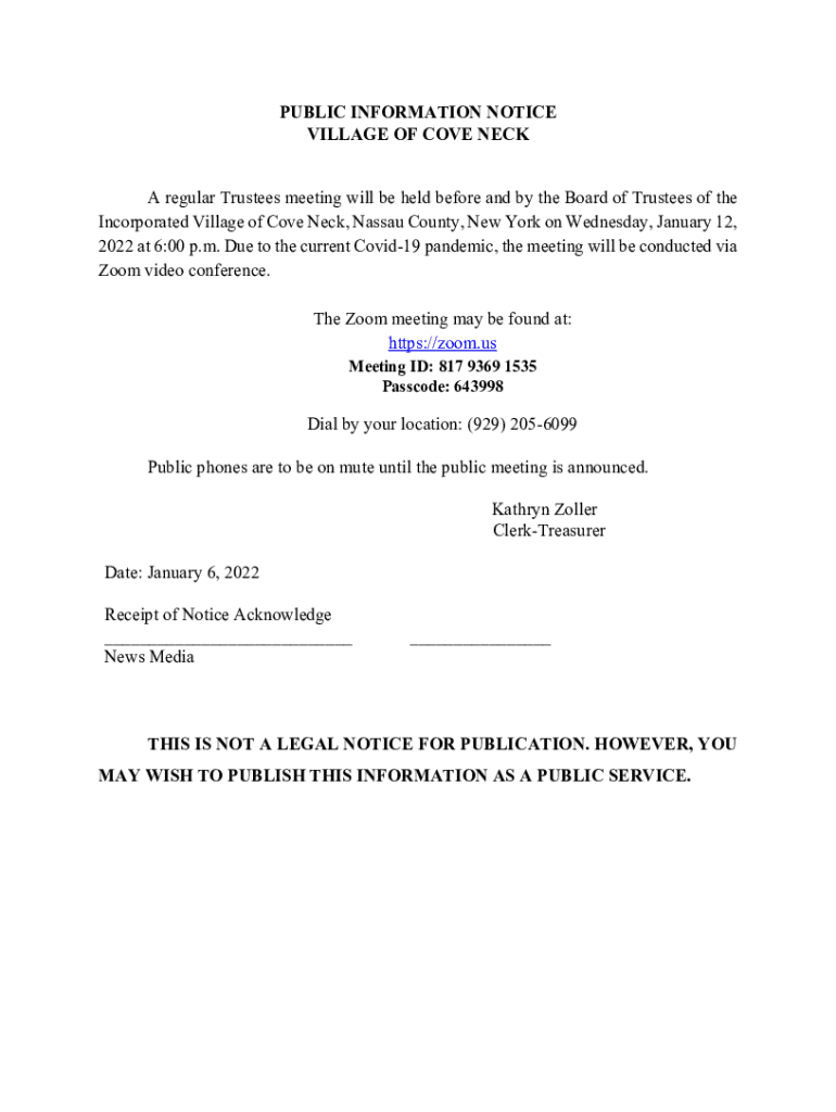 Fillable Online PUBLIC INFORMATION NOTICE VILLAGE OF OYSTER BAY COVE