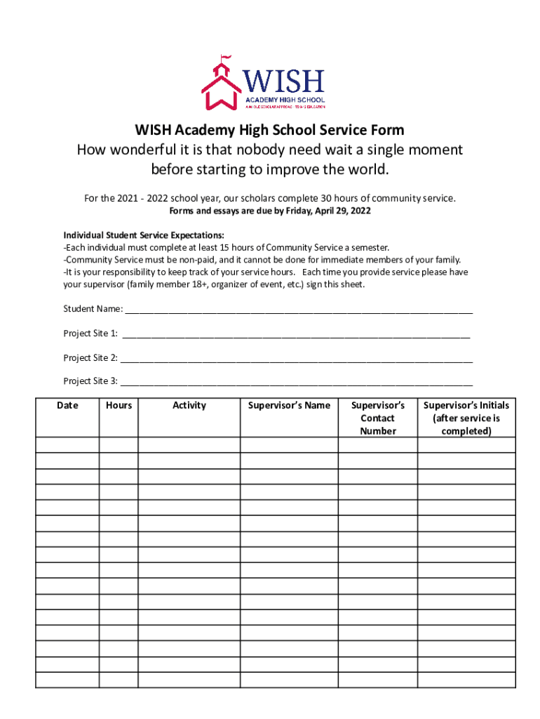 Fillable Online WISH Academy High School Service Form How wonderful it is Fax Email Print