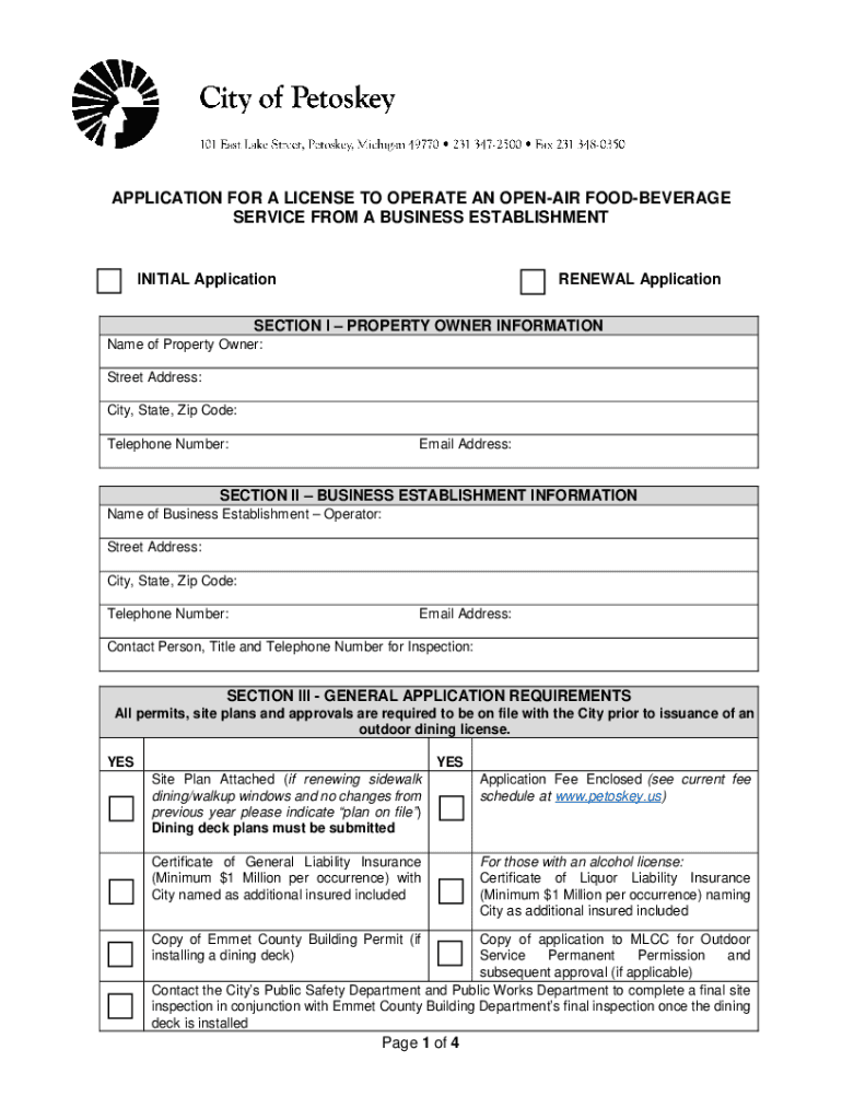 Fillable Online Application For A Food And Beverage License in San