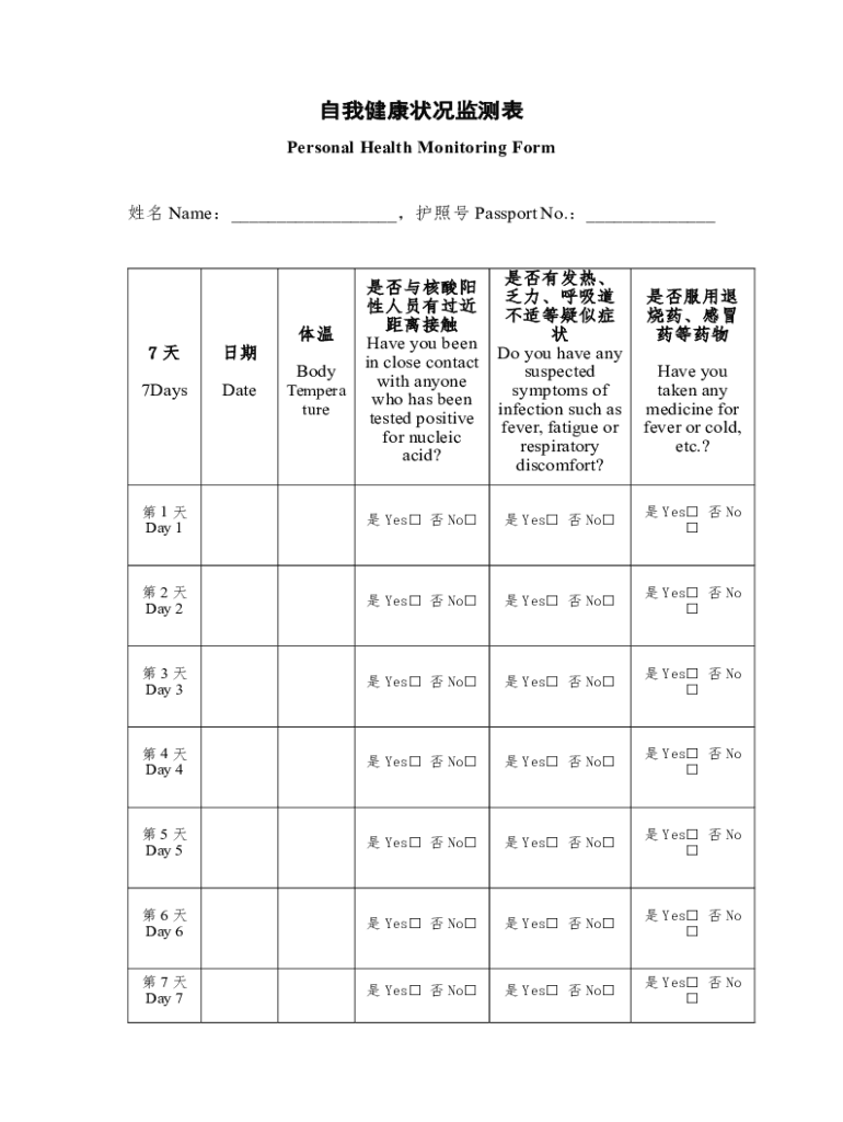Fillable Online Personal Health Monitoring Form Fax Email Print pdfFiller