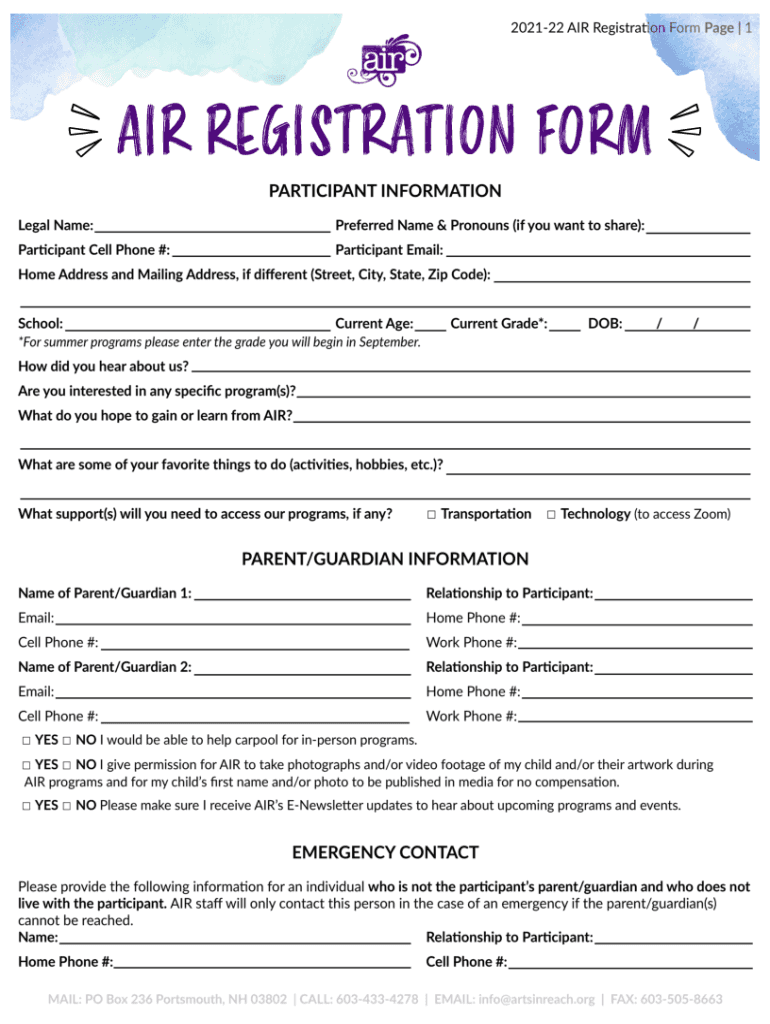 NH AIR Registration Form Preview on Page 1