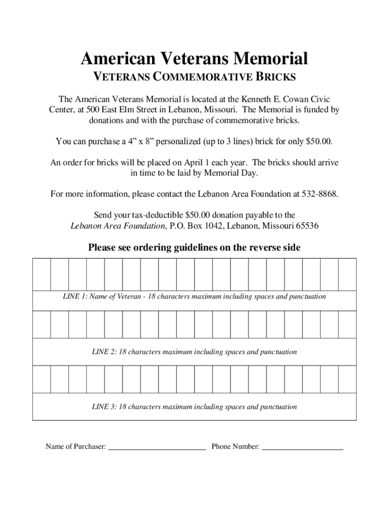 Fillable Online Veterans Commemorative Brick Order Form Fax Email Print ...
