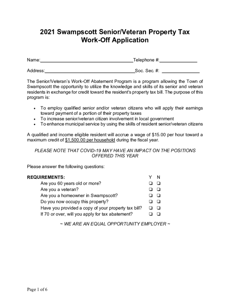 Fillable Online 2021 Swampscott Senior/Veteran Property Tax WorkOff