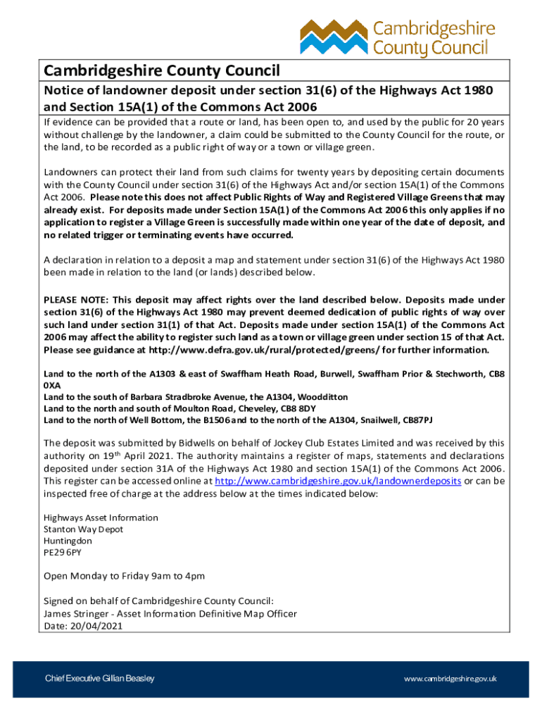 Fillable Online Landowner deposits under section 31(6) of the Highways