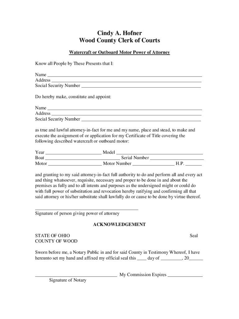 Fillable Online clerkofcourt co wood oh Watercraft or Outboard Motor