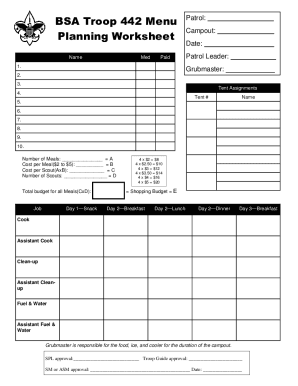 Fillable Online Fillable Online Troop 3 Patrol Menu Planning Worksheet ...